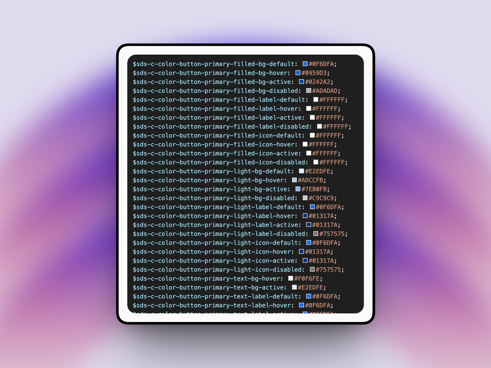 Design tokens exported to SCSS variables