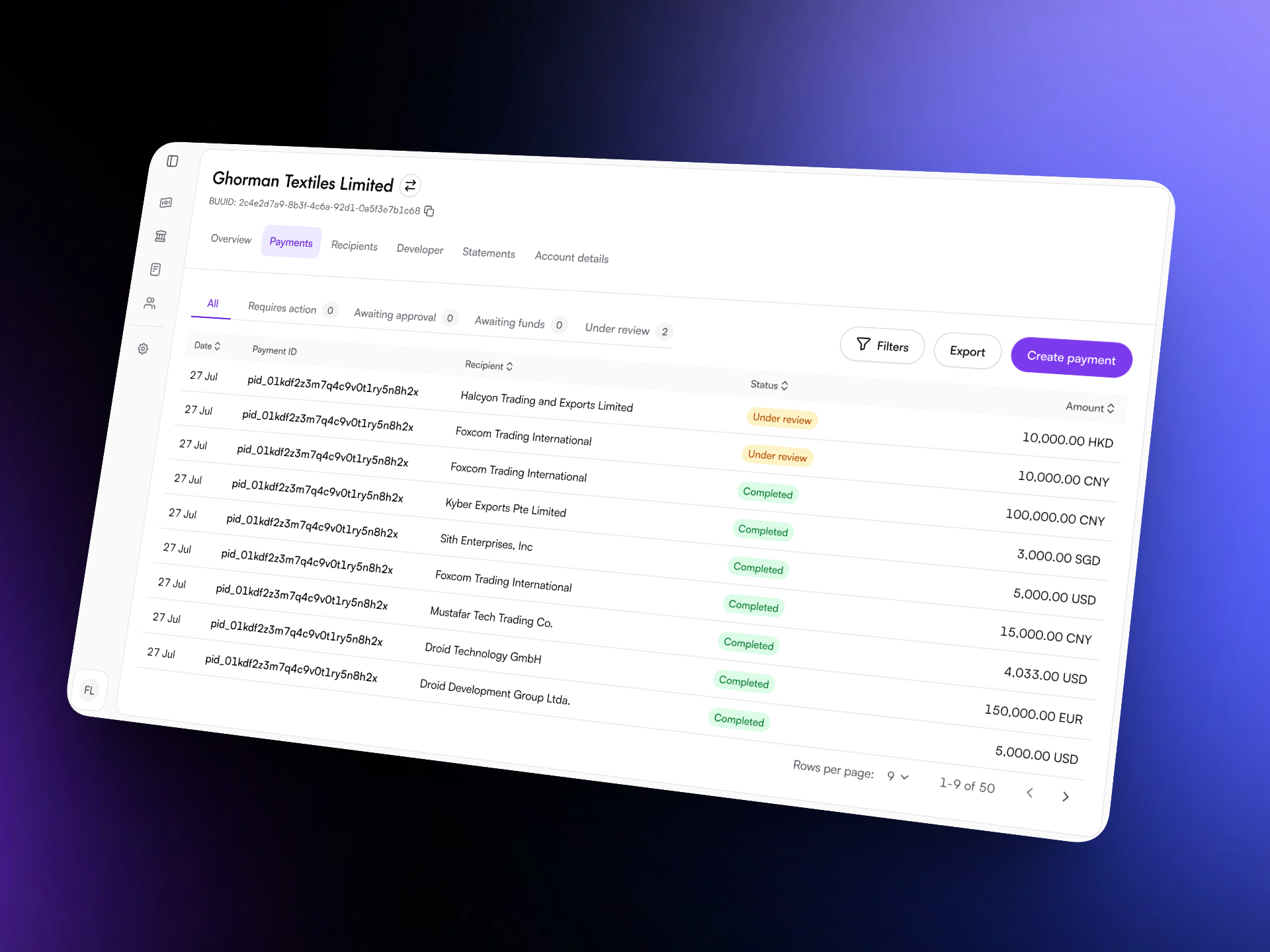 Payments tab