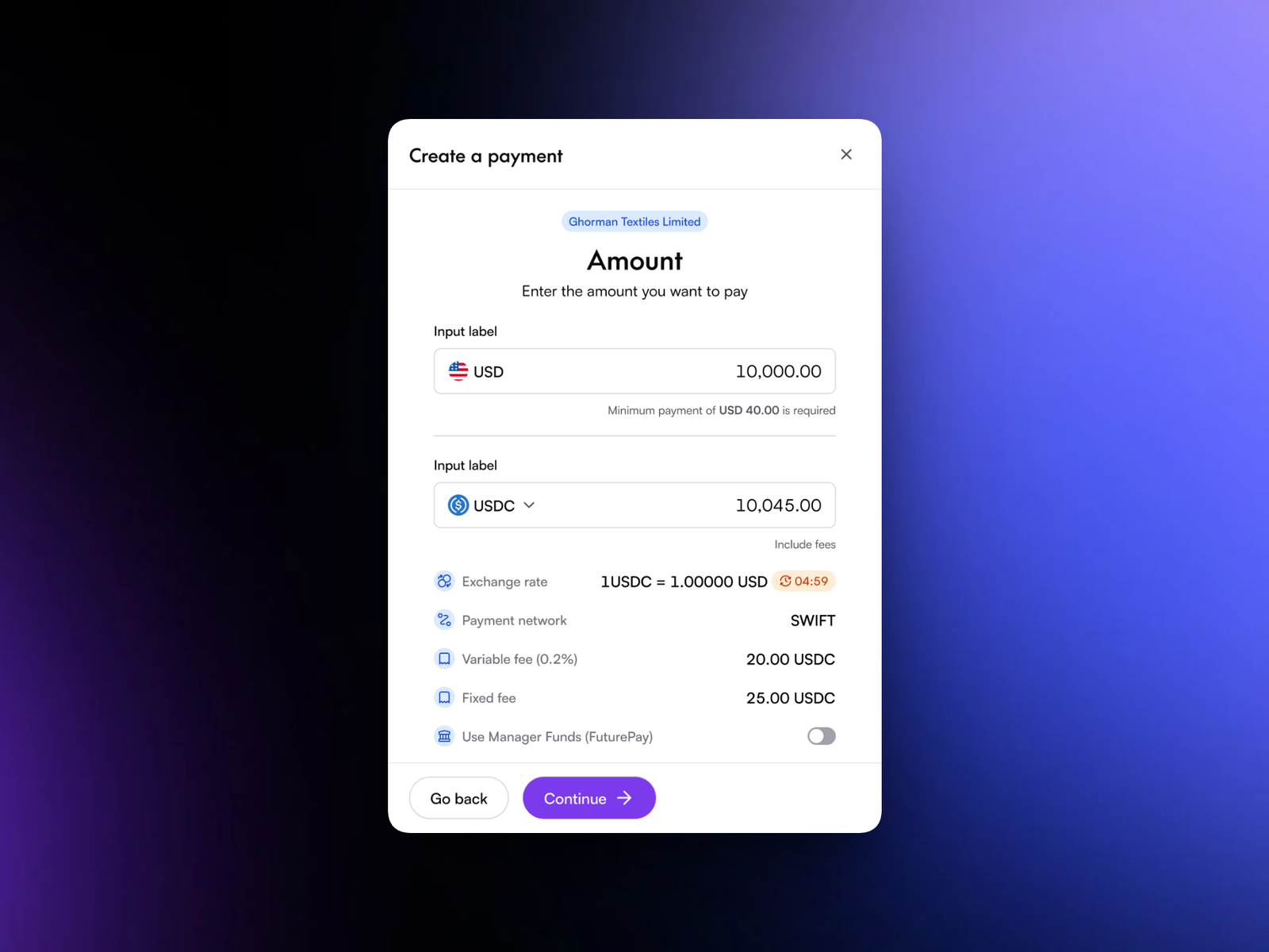 Create payment drawer